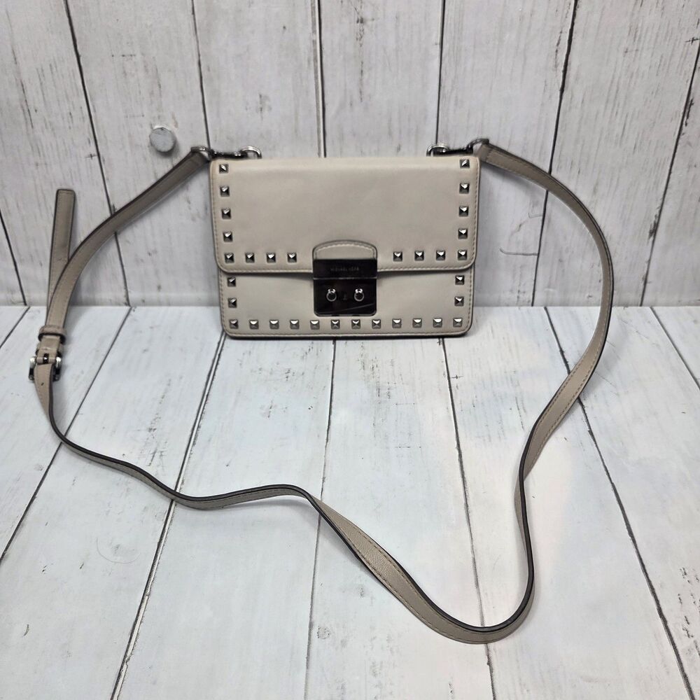 Michael Kors Sloan Small Studded Leather Crossbody Bag Purse Light Grey